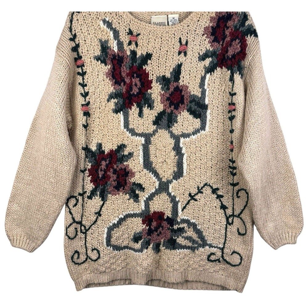 Vintage Classic Elements Sweater Womens Medium Beige‎ Cottagecore Grandmacore - Picture 3 of 10